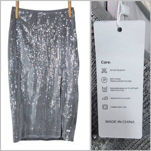 New Sequin Pencil Skirt size XS Midi Slit Stetch Pull On Silver Lined Evening